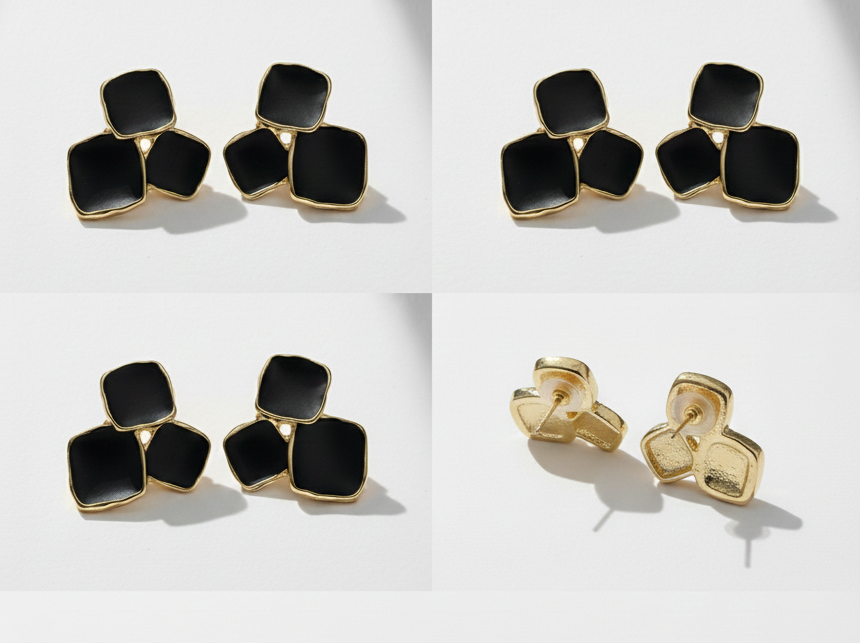 Elegant black and gold geometric stud earrings with three connected square shapes shown from front and back views