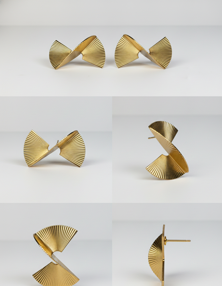 Modern gold-tone geometric fan-shaped earrings with textured ridged design, shown from multiple angles