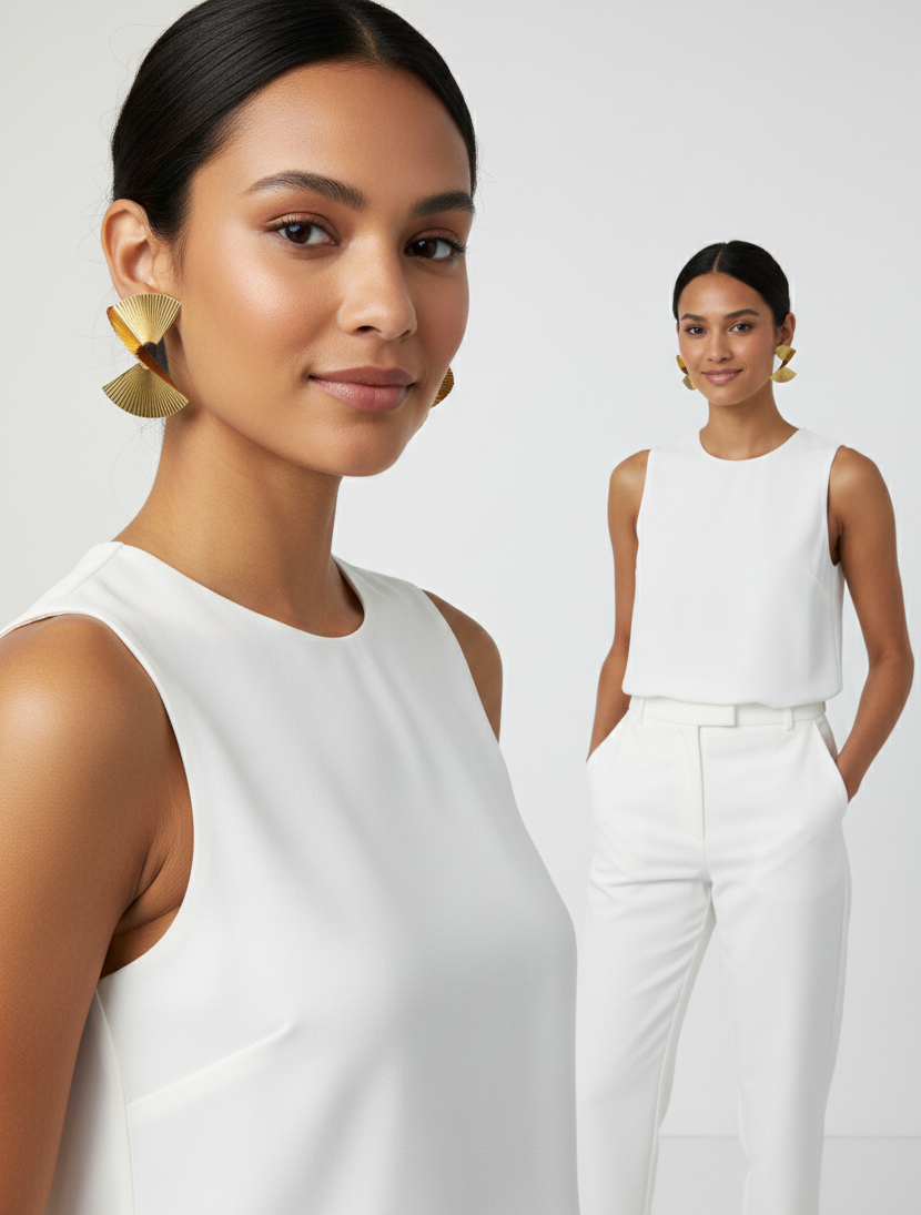 Stylish woman in sleeveless white top and trousers with large gold fan-shaped earrings against white background